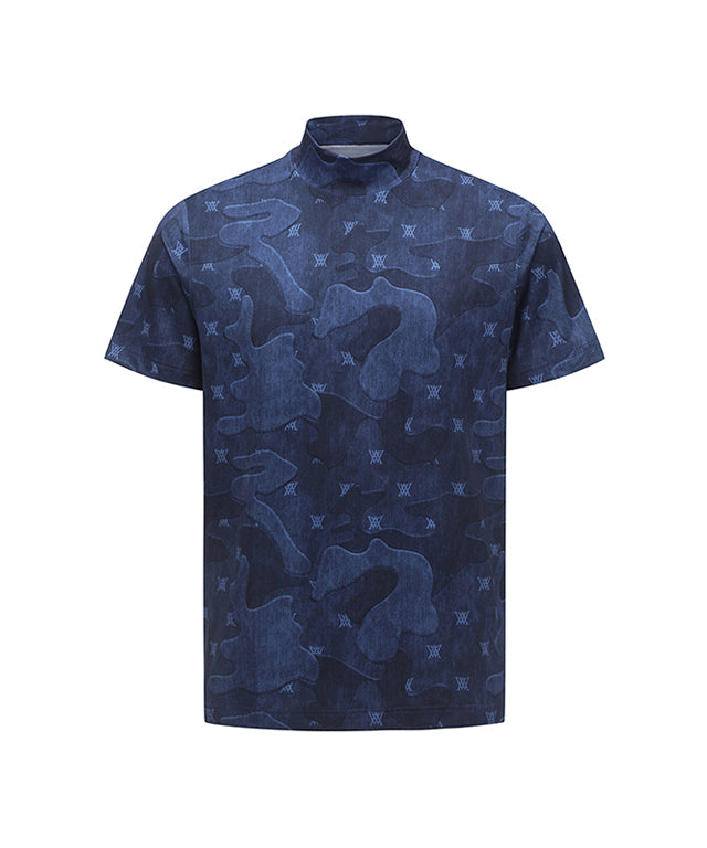 ANEW Golf Men Camo Cool High Neck Short T-Shirt in Navy featuring a camouflage pattern and high-neck design.